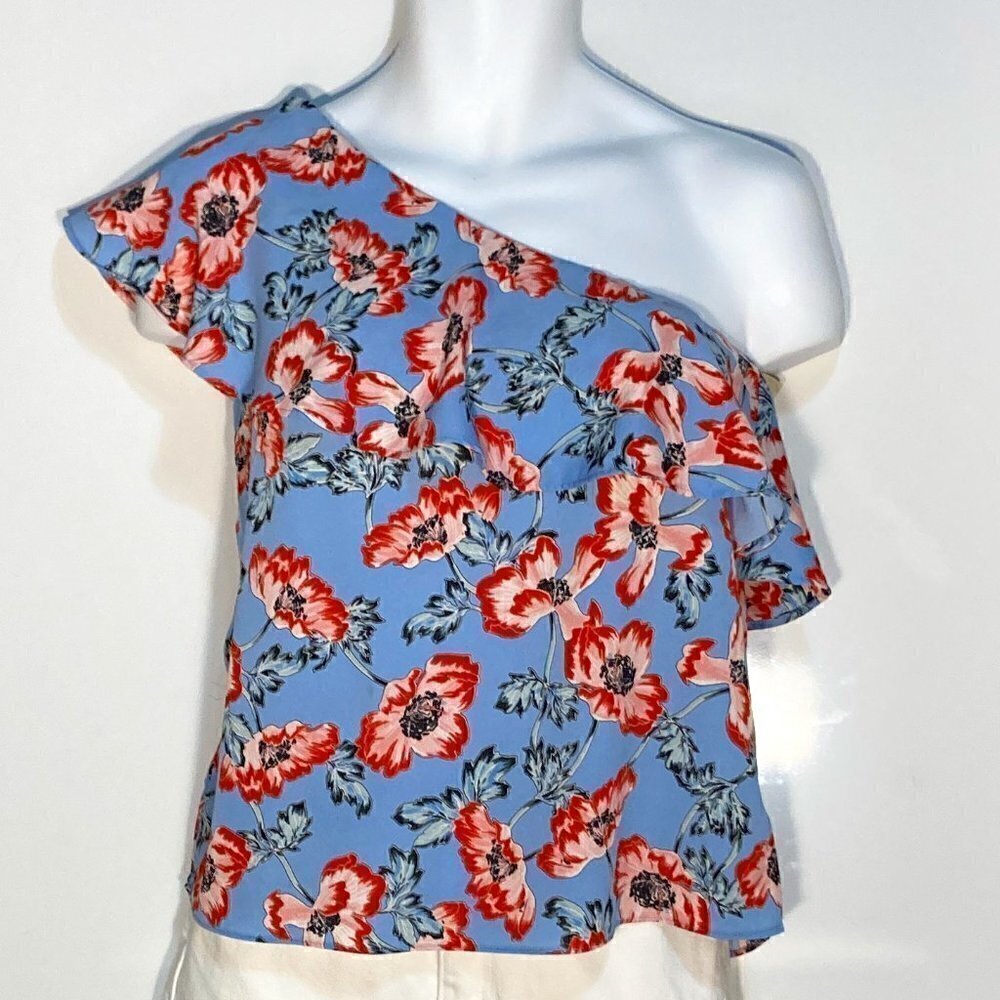 C&E SZ S Blue and red floral one shoulder top with ruffle detail